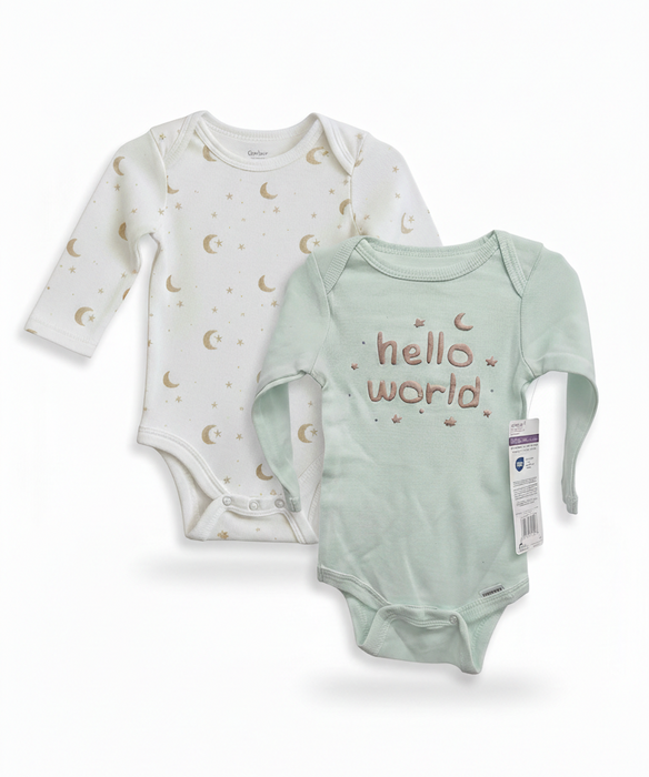 Gerber 2-Pack Baby Hello World Long Sleeve Onesies® Bodysuits, 12 Months (625046 N01 NB5 12M) - Preggy Plus