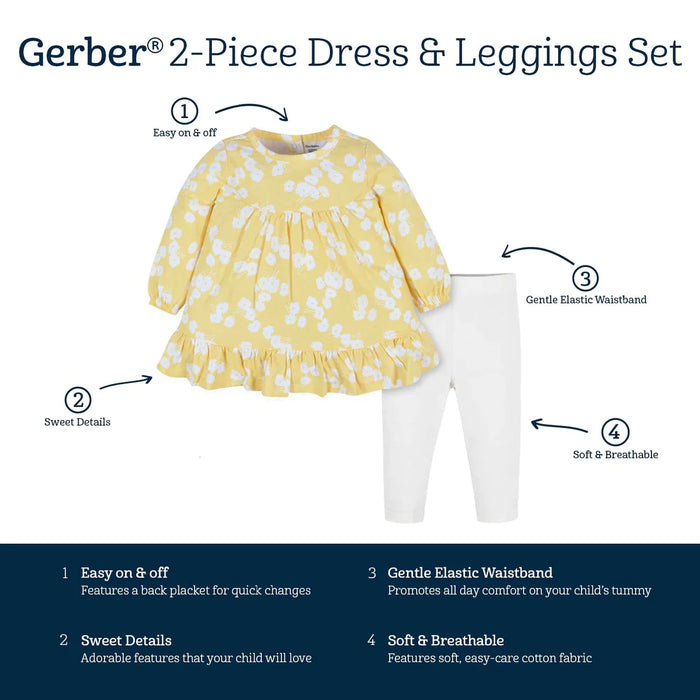 Gerber 2-Piece Baby & Toddler Girls Golden Flowers Long Sleeve Dress & Leggings Set -12 Months (33030206Y G03 12M) - Preggy Plus