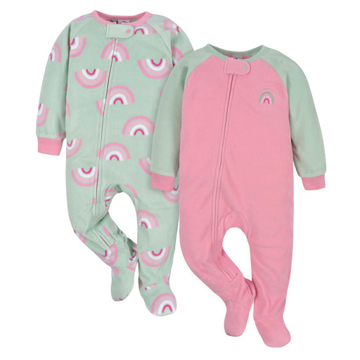Gerber 2-Pack Baby & Toddler Girls Green Rainbow Fleece Pajamas, 0 - 3 Months - Preggy Plus