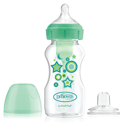 Dr. Brown's Natural Flow Wide-Neck Transitions Anti-Colic Sippy Bottle & Sippy, 9oz, 1 Count, GREEN STARS - Preggy Plus