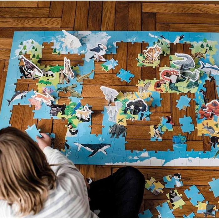 Janod 200 Piece World Atlas Floor Puzzle with Endangered Animal Figures