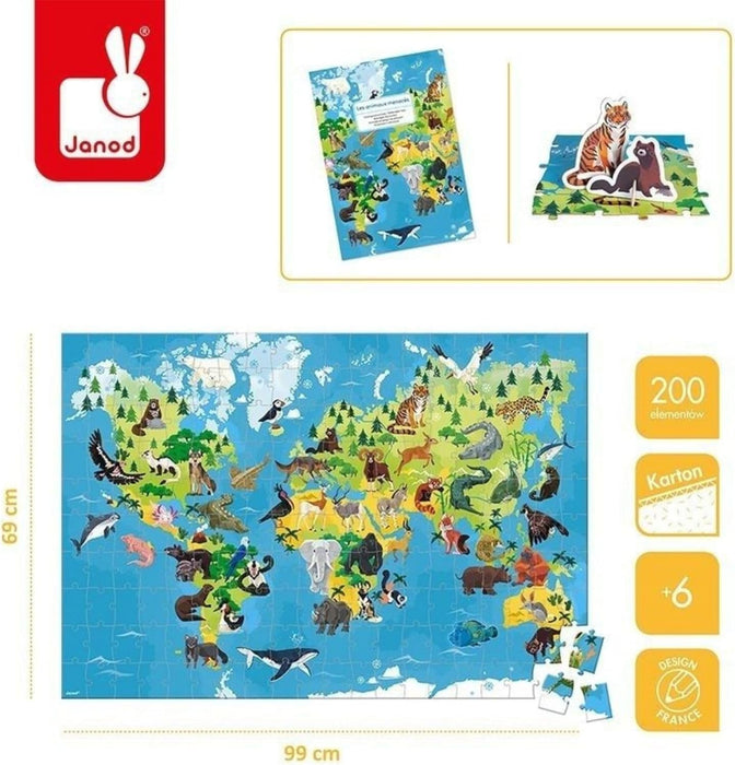 Janod 200 Piece World Atlas Floor Puzzle with Endangered Animal Figures