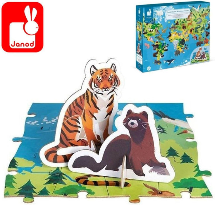 Janod 200 Piece World Atlas Floor Puzzle with Endangered Animal Figures