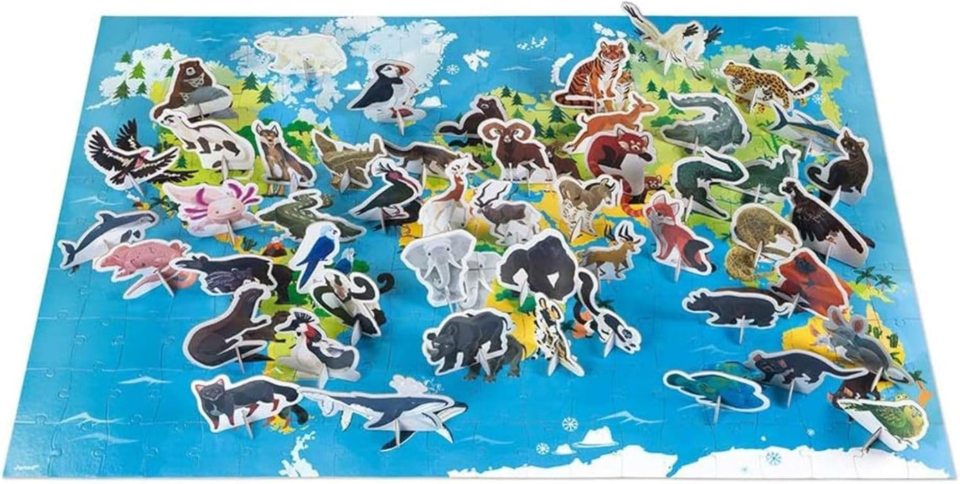 Janod 200 Piece World Atlas Floor Puzzle with Endangered Animal Figures