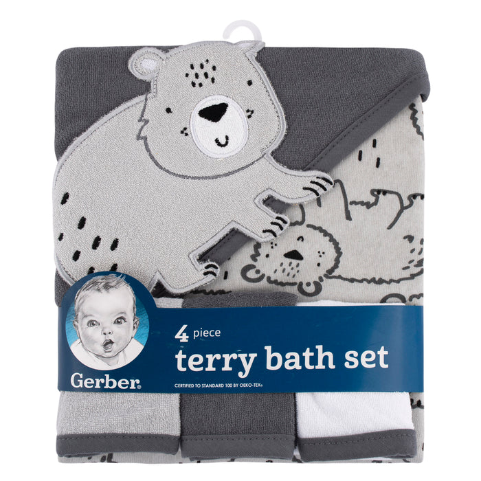 Gerber 4-Piece Baby Boys Bear Hooded Towel and Washcloths Set (345264030 B01 OSZ)