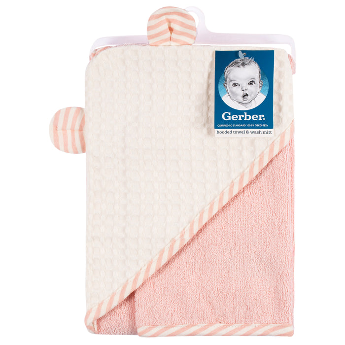 Gerber 2-Piece Baby Girls Kitty Floral Hooded Towel and Washcloth Mitt Set (345232030 G01 OSZ)