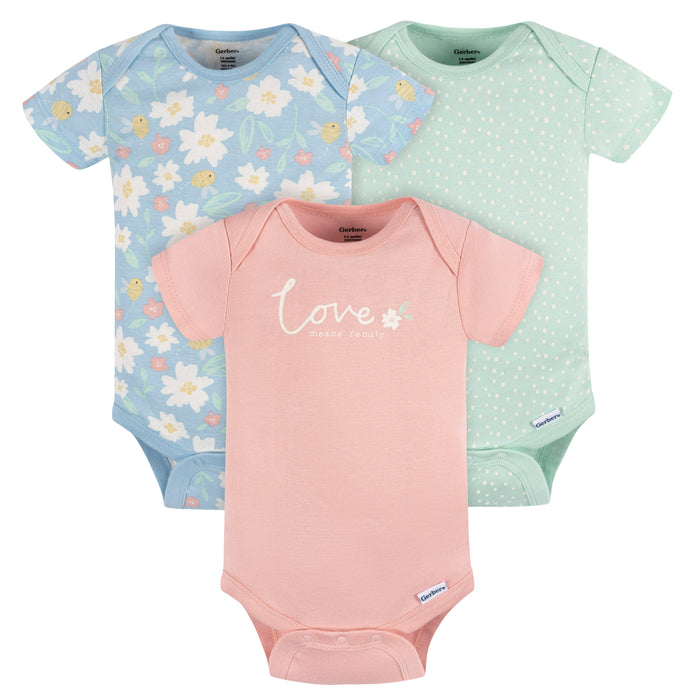 Gerber 3-Pack Baby Girls Love Short Sleeve Onesies, 0-3 Months (445628 G01 NB3 0/3)
