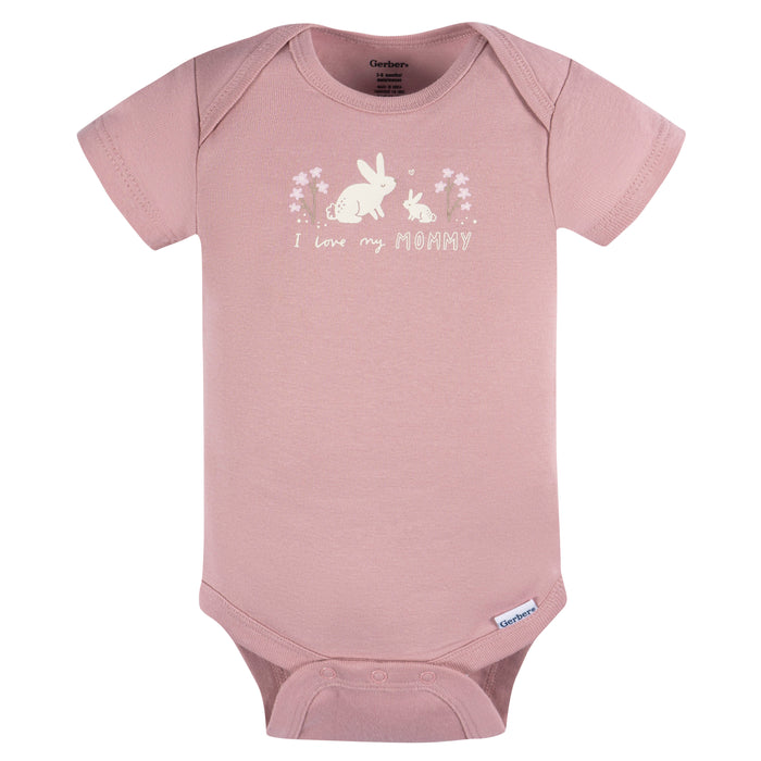 Gerber 3-Pack Baby Girls Bunnies Short Sleeve Onesies, 12 Months (445628 G03 NB3 12M)