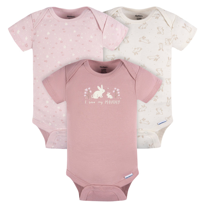 Gerber 3-Pack Baby Girls Bunnies Short Sleeve Onesies, 6-9 Months (445628 G03 NB3 6/9)