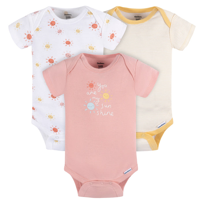 Gerber 3-Pack Baby Girls Sunshine Short Sleeve Onesies, 3-6 Months (445628 G06 NB3 3/6)