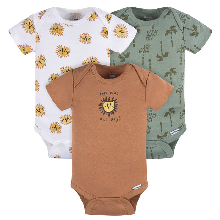 Gerber 3-Pack Baby Boys Lion Short Sleeve Onesies, Newborn (445628 B02 NB3 Newborn)