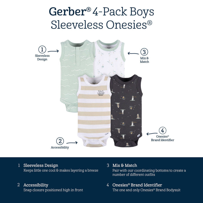 Gerber® 4-Pack Baby Boys Coastal Sleeveless Onesies, 6-9 Months (430736 B01 NB2 6/9)