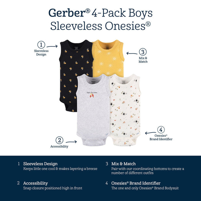 Gerber® 4-Pack Baby Boys Backyard BBQ Sleeveless Onesies, 3-6 Months (430736 B04 NB2 3/6)