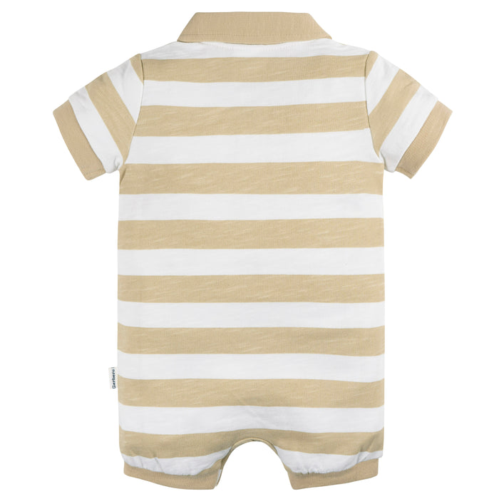 Gerber Baby Boys Tan Stripe Collared Romper, Tan Stripe, 6-9 Months (432137 B01 NBI 6/9)