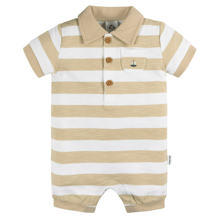 Gerber Baby Boys Tan Stripe Collared Romper, Tan Stripe, 6-9 Months (432137 B01 NBI 6/9)