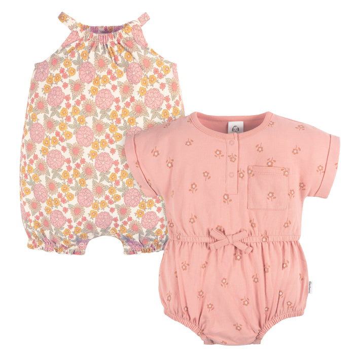 Gerber 2-Pack Baby Girls Retro Floral Rompers, 12 Months (432837 G04 INF 12M)