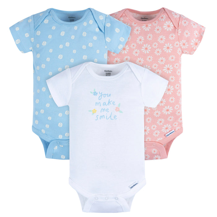 Gerber 3-Pack Baby Girls Smile Short Sleeve Onesies, 6-9 Months (445628 G02 NB3 6/9)