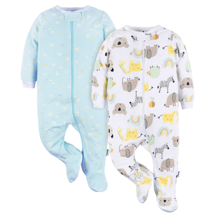 Gerber 2-Pack Baby Boys Little Animals Sleep n Play Pajamas, 12 Months (473035 N01 NB5 12M)