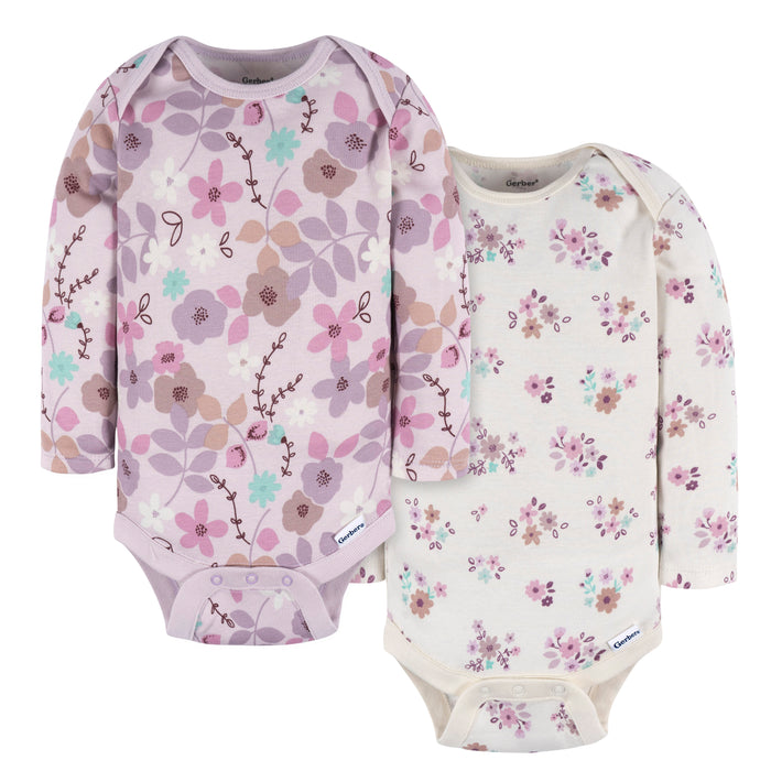 Gerber 2-Pack Baby Girls Floral Long Sleeve Onesies Bodysuits, 12 Months (472705 N02 NB5 12M)