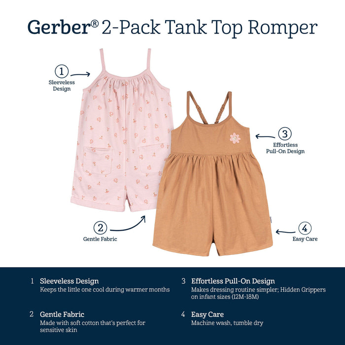 Gerber 2-Pack Infant and Toddler Girls Rust & Floral Rompers, 2T (436956 G04 TD1 2T)