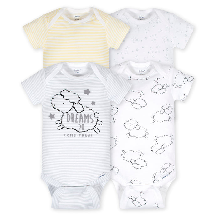 Gerber 4-Pack Baby Neutral Sheep Dreams Short Sleeve Onesies Bodysuits, 12 Months (440471 N01 12M)