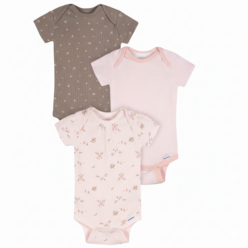 Gerber 3-Piece Baby Pink Garden Onesie Set, 0-3 Months (645915 G01 NB2 0-3M) - Preggy Plus