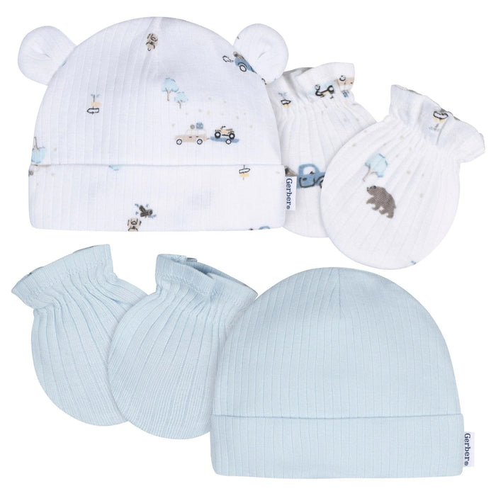 Gerber 4-Piece Baby Boys Road Trip Cap and Mitten Set, 0-6 Months (645993 B02 0-6M) - Preggy Plus