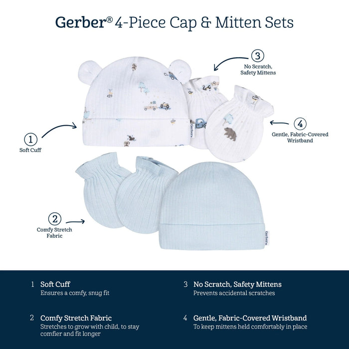 Gerber 4-Piece Baby Boys Road Trip Cap and Mitten Set, 0-6 Months (645993 B02 0-6M) - Preggy Plus
