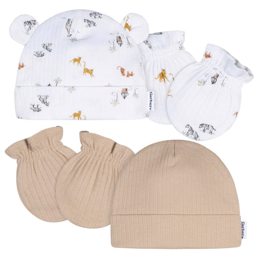 Gerber 4-Piece Baby Neutral Safari Cap and Mitten Set, 0-6 Months (645993 N01 0-6M) - Preggy Plus