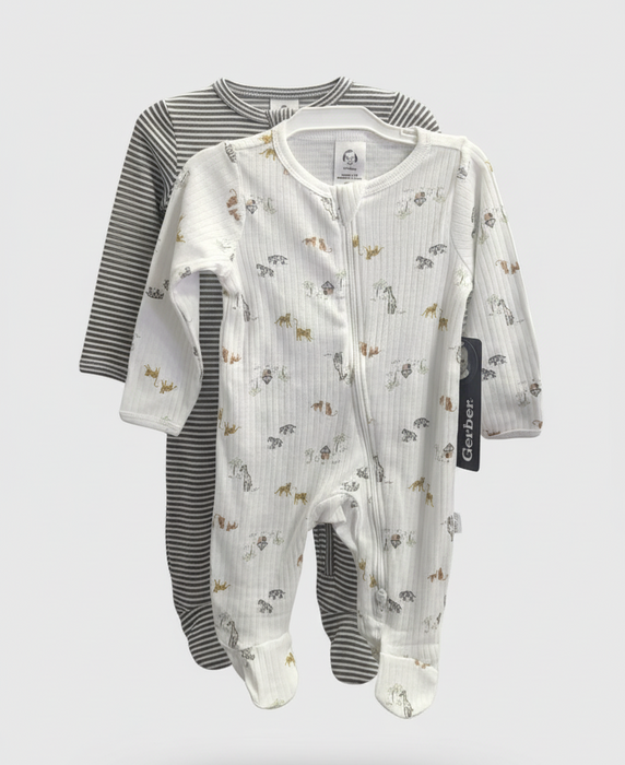 Gerber 2-Pack Boys Neutral Safari Sleep n Play Pajamas, 6-9 Months (645665 N01 NB2 6-9M) - Preggy Plus