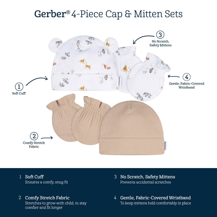 Gerber 4-Piece Baby Neutral Safari Cap and Mitten Set, 0-6 Months (645993 N01 0-6M) - Preggy Plus