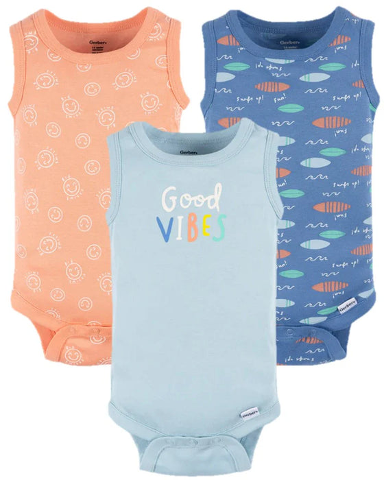 Gerber 3-Pack Baby Boy Good Vibes Sleeveless Onesies, 0-3 Months (445768 B05 NB3 0/3)