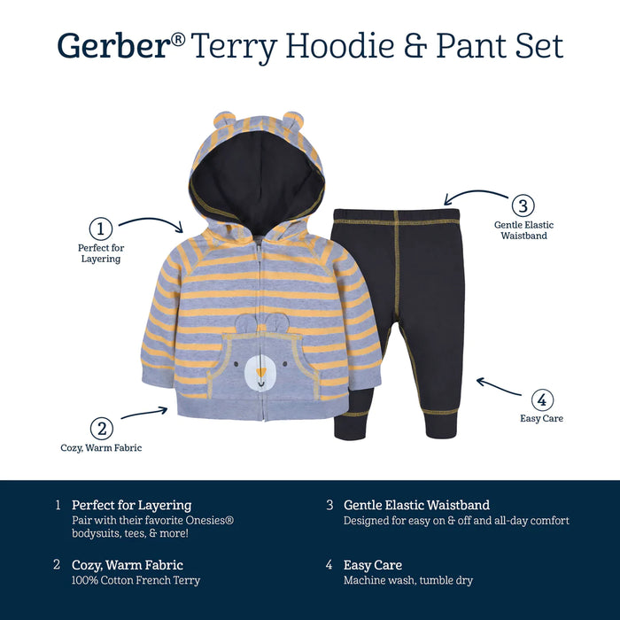 Gerber 2-Piece Baby & Toddler Boys Striped Bear Terry Zip Hoodie & Joggers Set, 18 Months  (33052206Y B03 18M) - Preggy Plus