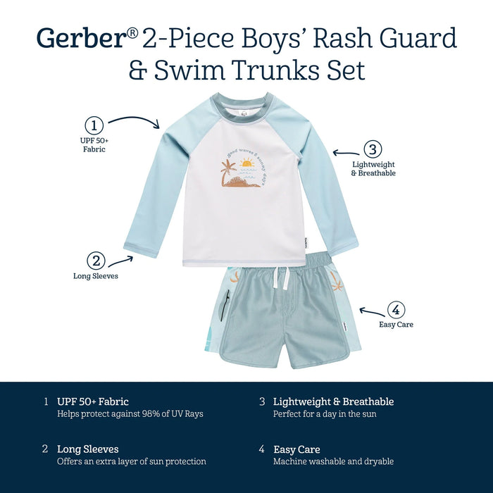 Gerber 2-Piece Toddler Boys Good Waves Rash Guard & Swim Trunks Set, 0/3 (438706 B02 NB4 0/3)