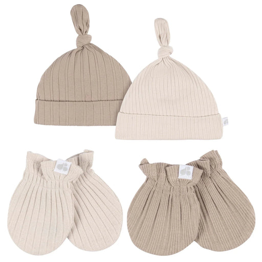 Gerber 4-Piece Baby Neutral Tan Cap and Mitten Set, 0-6 Months (138873 N01 0-6M) - Preggy Plus