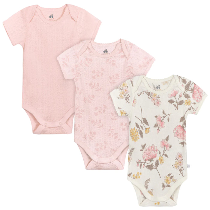 Gerber 3-Pack Baby Girls Vintage Floral Short Sleeve Bodysuits, 0 - 3 Months (1374431DA G01 0/3) - Preggy Plus