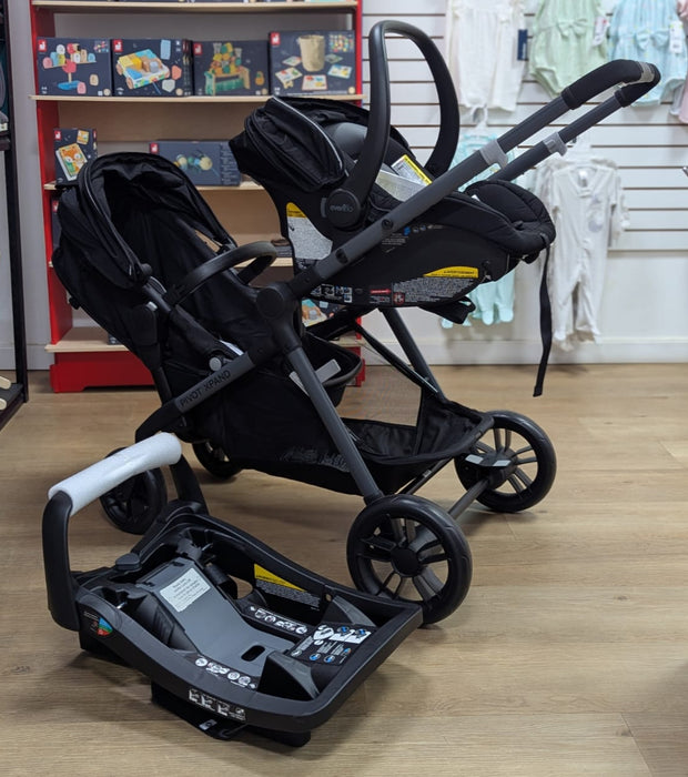 New & Assembled Evenflo Pivot Xpand Modular Travel System with LiteMax Infant Car Seat - Ayrshire Black - Preggy Plus