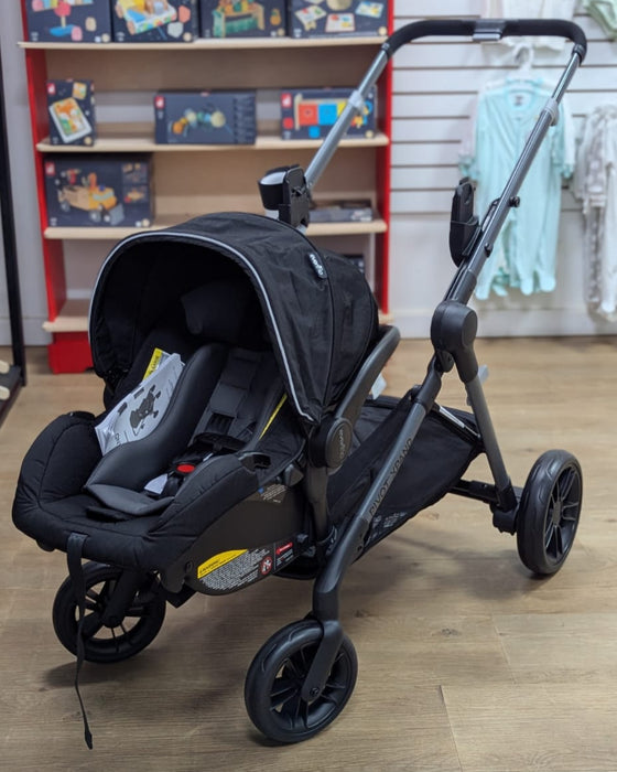 New & Assembled Evenflo Pivot Xpand Modular Travel System with LiteMax Infant Car Seat - Ayrshire Black - Preggy Plus