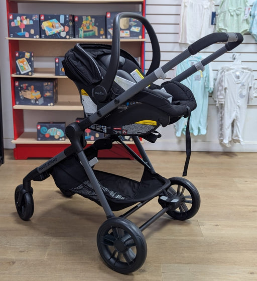 New & Assembled Evenflo Pivot Xpand Modular Travel System with LiteMax Infant Car Seat - Ayrshire Black - Preggy Plus