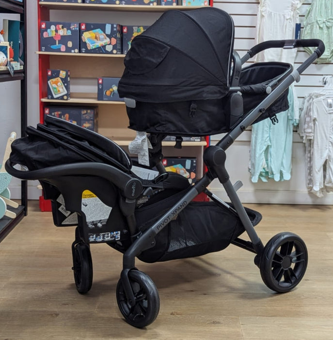 New & Assembled Evenflo Pivot Xpand Modular Travel System with LiteMax Infant Car Seat - Ayrshire Black - Preggy Plus