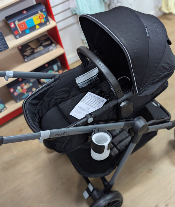 New & Assembled Evenflo Pivot Xpand Modular Travel System with LiteMax Infant Car Seat - Ayrshire Black - Preggy Plus