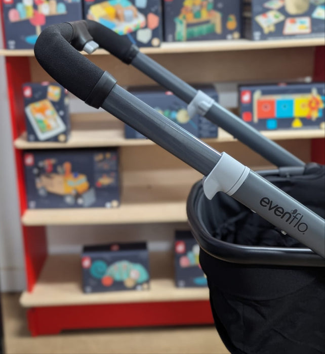 New & Assembled Evenflo Pivot Xpand Modular Travel System with LiteMax Infant Car Seat - Ayrshire Black - Preggy Plus