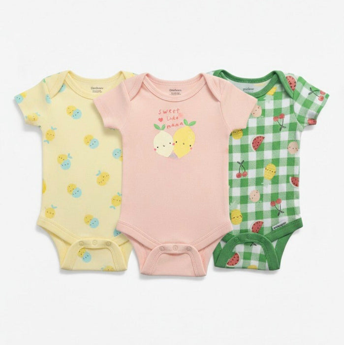 Gerber 3-Pack Baby Girls Picnic Short Sleeve Onesies® Bodysuits, 12 Months (582957 G11 NB3 12M) - Preggy Plus