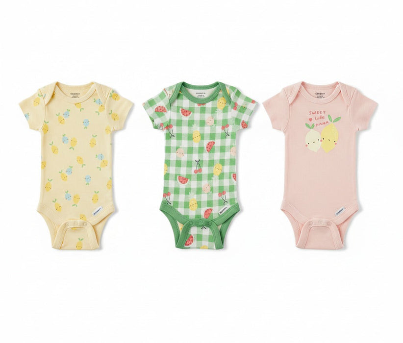 Gerber 3-Pack Baby Girls Picnic Short Sleeve Onesies® Bodysuits, 12 Months (582957 G11 NB3 12M) - Preggy Plus