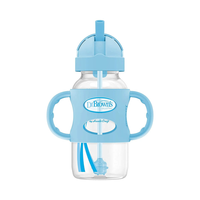 Dr. Brown's Milestones Wide-Neck Sippy Straw Bottle with 100% Silicone Handles, 9oz, Blue, 1 Pack, 6m+