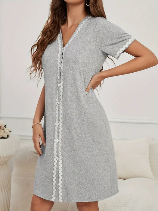 Grey with White Applique Nightdress with buttons, Small