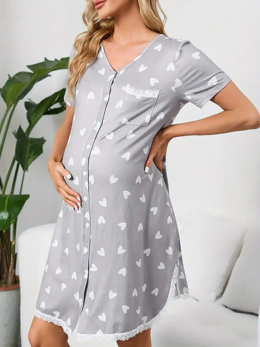Heart Print Nightdress with lace detail & buttons, Large