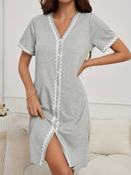 Grey with White Applique Nightdress with buttons, Small