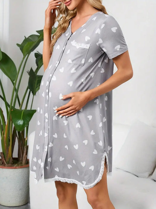 Heart Print Nightdress with lace detail & buttons, X-Large