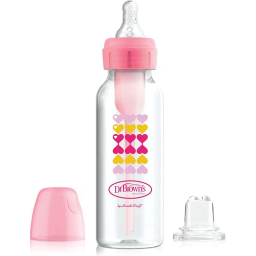 Dr. Brown's Natural Flow Narrow Options+ Anti-Colic Bottle & Sippy, 8oz, 1 Count, PINK HEARTS - Preggy Plus